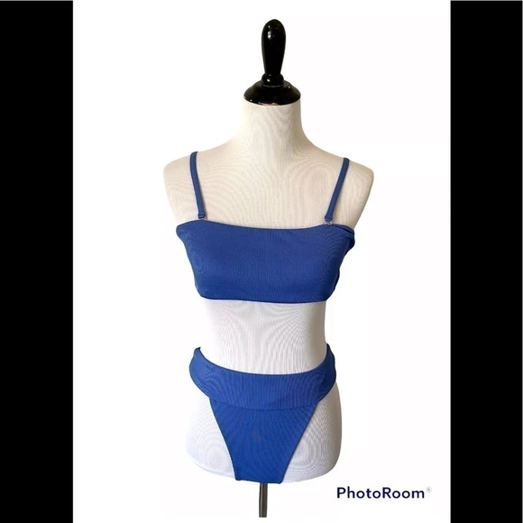 Womens Zaful Sz 6 Bikini Swimsuit Set Ribbed High Cut Blue Adjustable Strap EUC - Picture 1 of 7